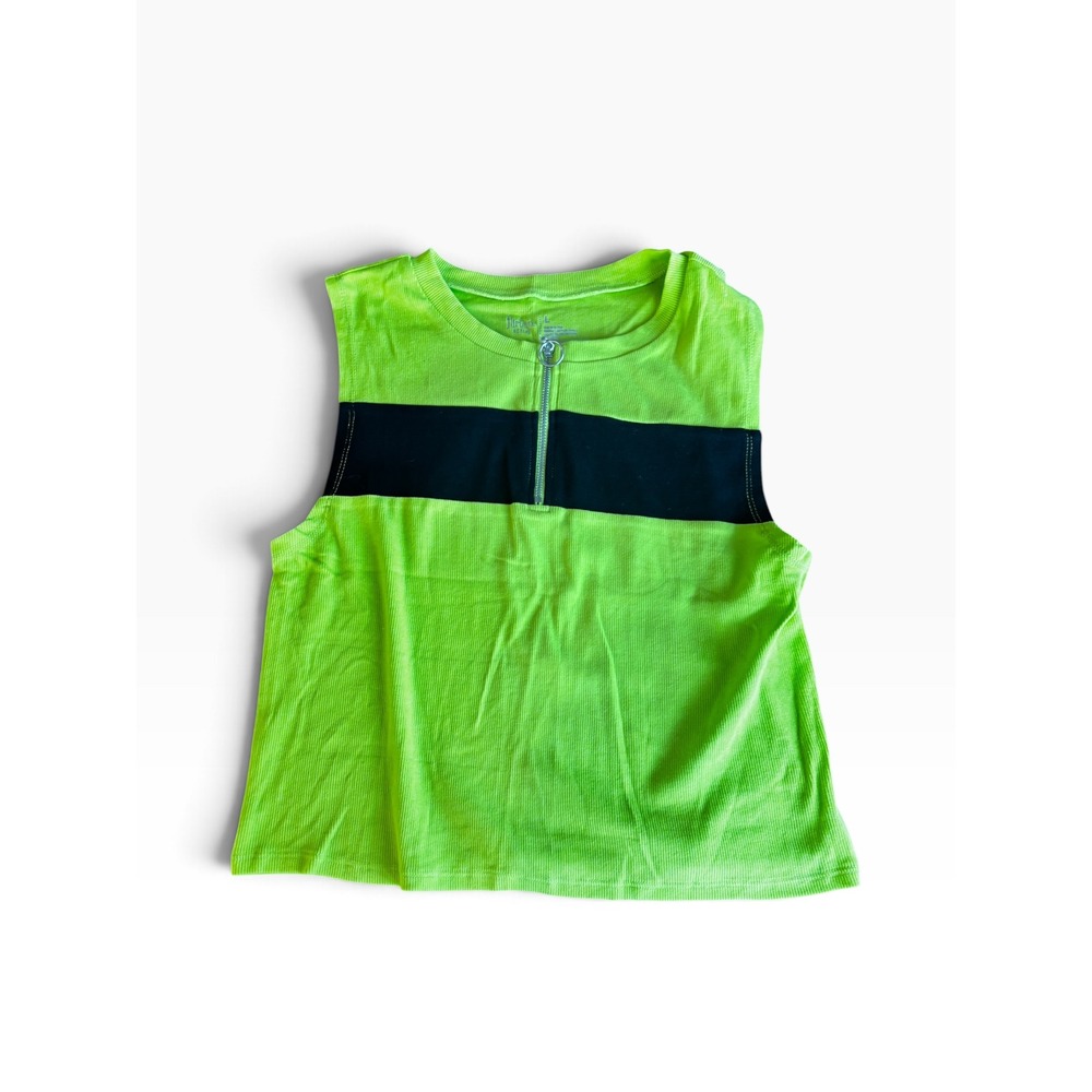 Flirtitude Active Tank Top L Neon Green Black Quarter Zip Ribbed Athleisure